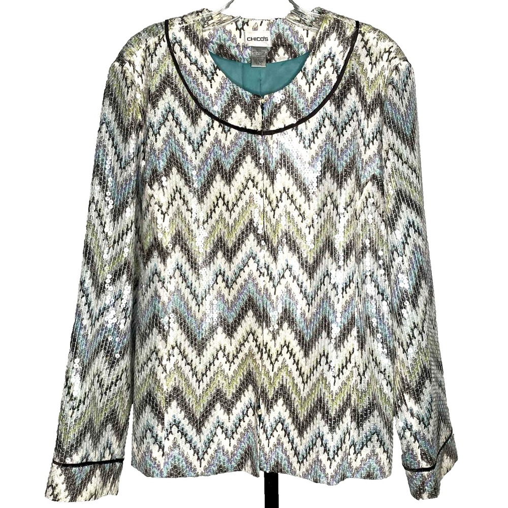 Chicos Size‎ 3 (XL) Jacket Sequin Blazer Zig-Zag Shimmer Chevron Fitted Sparkle